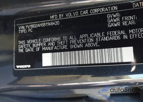 2011 Volvo S80 T6 z USA, uszkodzony, nr VIN YV1902AH5B1148420